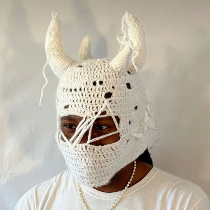 Hot Selling New Custom Winter Warm Halloween Funny Devil Horn Handmade Crochet Knitted Balaclava Hat Mask
