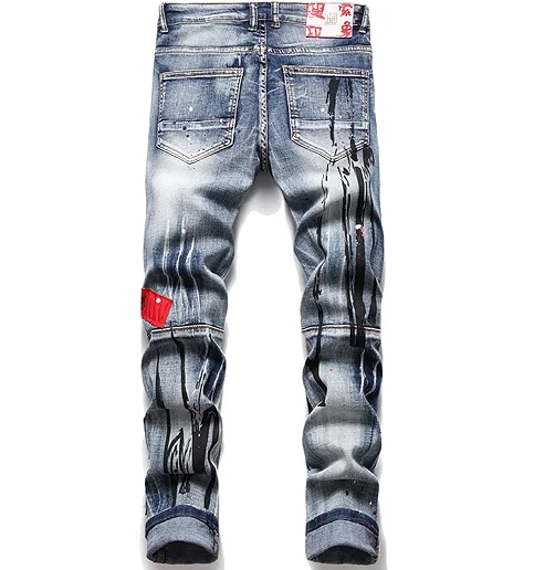 Custom Street style Ripped Pantalones Jeans Straight Fit Distressed Patched Jeans Motor Biker Denim tapered denim