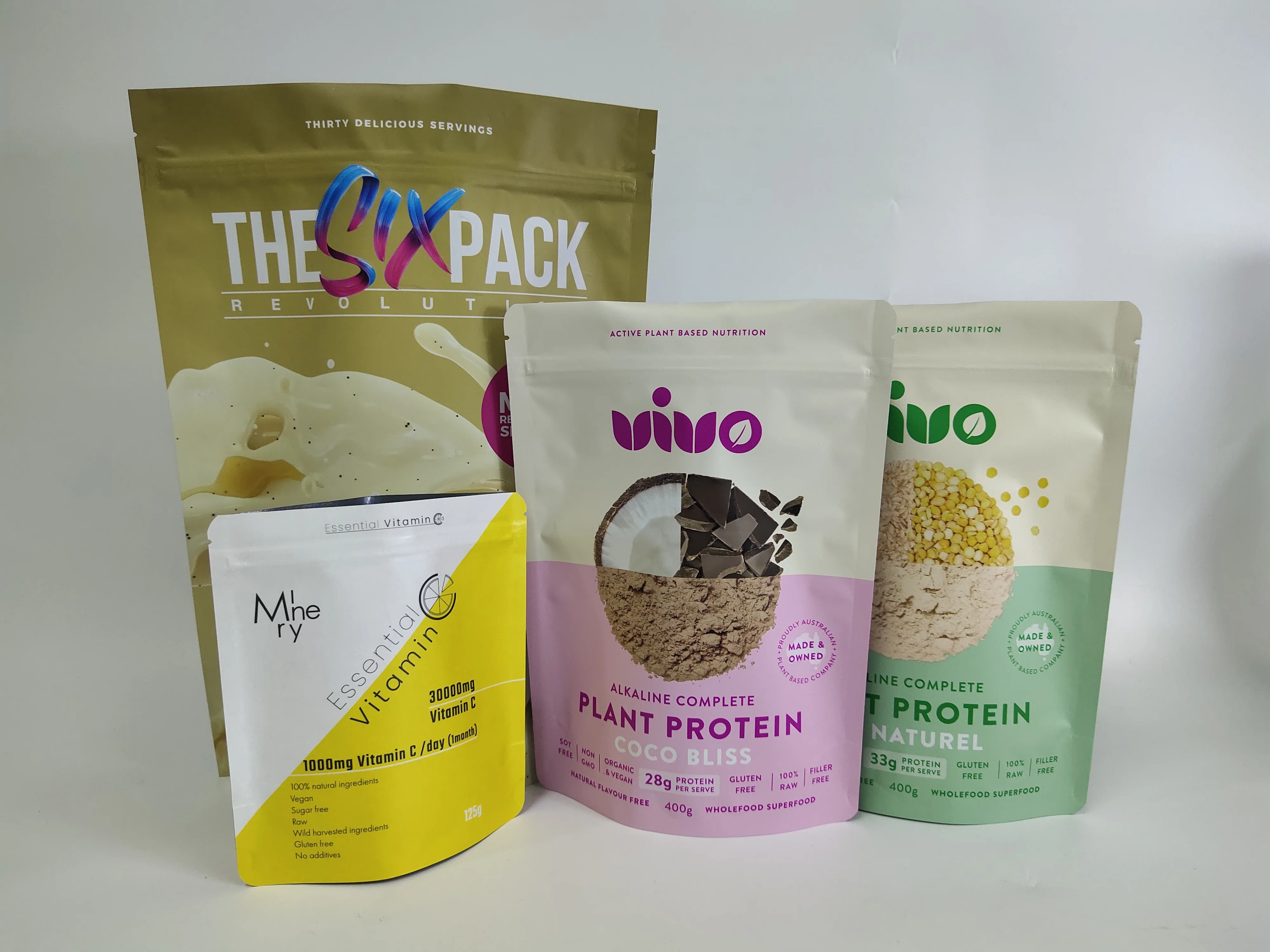 Digital print MOQ 500pcs different types plastic whey protein packaging bags stand up aluminum foil whey protein powder bags