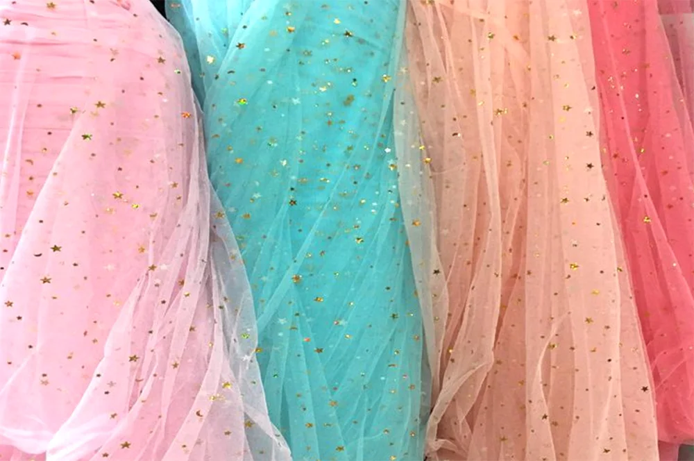 Hot selling wholesale high quality 50D 100% polyester printed fabric star mesh fabric Vietnam market wedding dress fabric