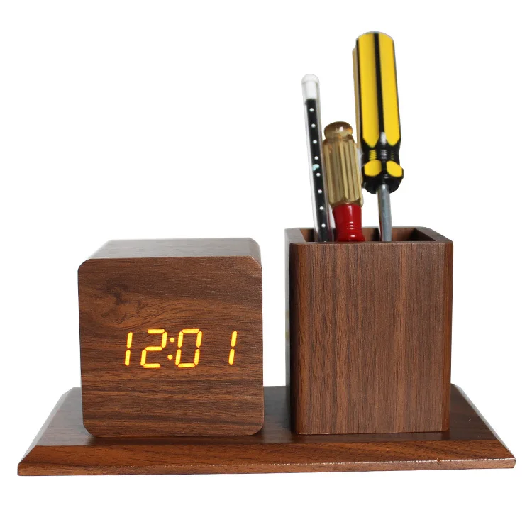 Creative Led Wooden Clock, Desk Office Electronic Pen Holder Clock, Silent Sound-Controlled Flat-Bottom Electronic Alarm Clock.