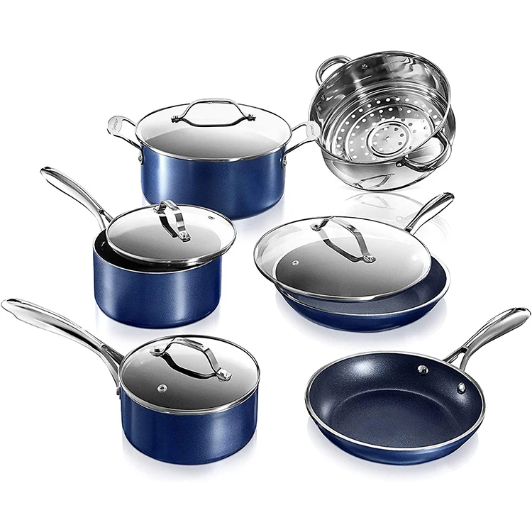 5pcs Pressed Aluminium Classic Blue Diamond Triple Coated Surface Pots and Pans Set Nonstick Cookware Set