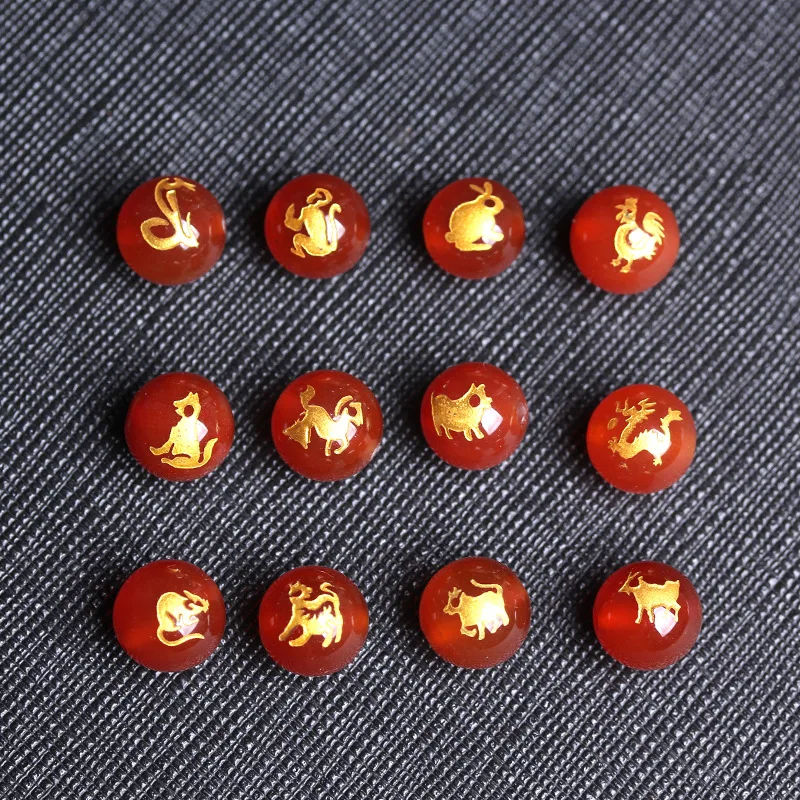 Golden Chinese Zodiac Mascot Red Agate Round Bead Zodiac Carnelian Bead DIY Charm Smooth Bead Jewelry Making Accessories