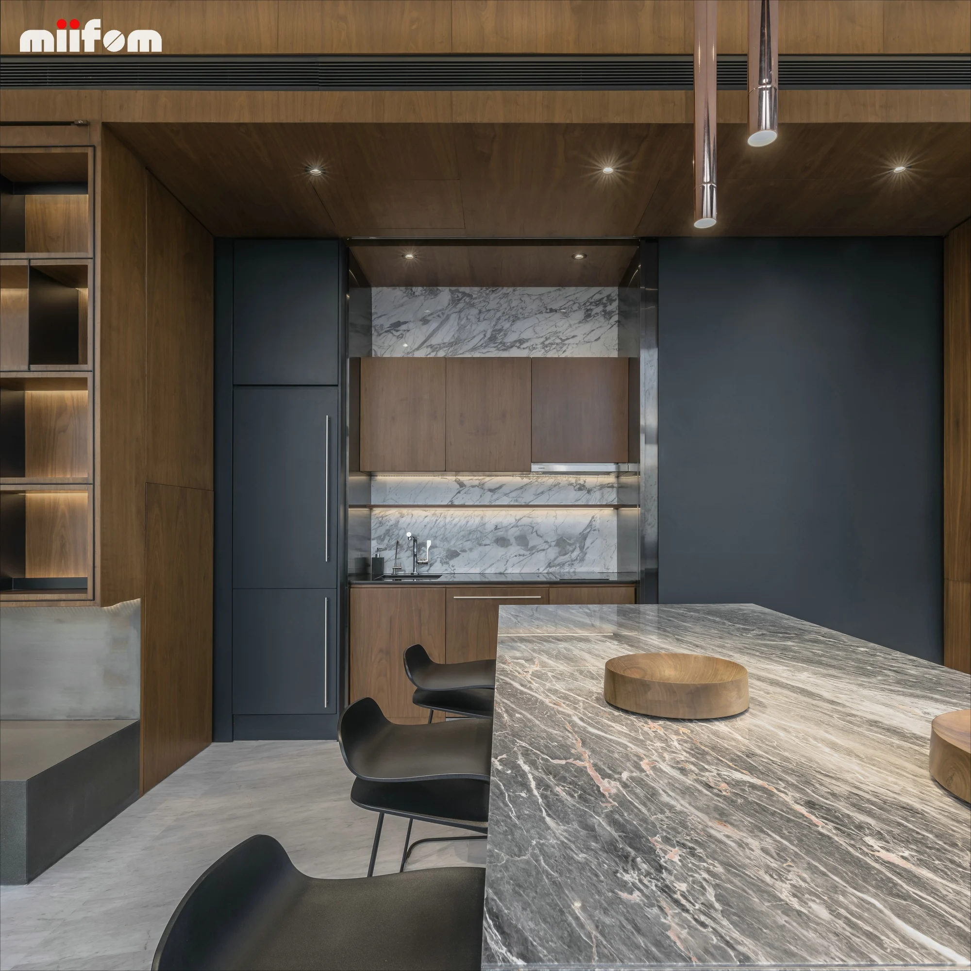 Walnut Wooden And Dark Grey Open Modern Multifunctional Sliding Door Kitchen Cabinets