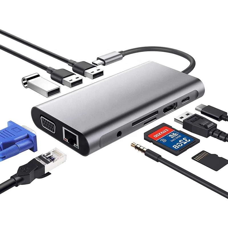 Xput 10 In 1 USB Type C Hub Type-C Type C To USB 3.0 4K 60Hz HDMI VGA RJ45 Lan SD TF USB Hub Adapter Multiport Dock Station
