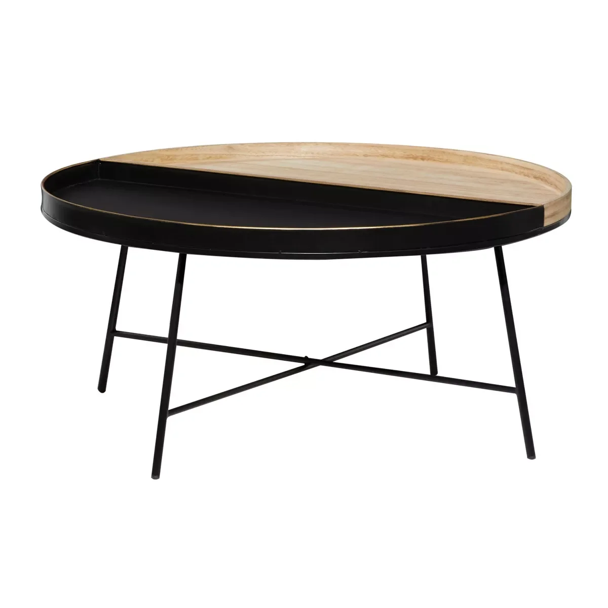 Modern Wooden Coffee Table with Unique Oval Shape and Durable Metal Base for Contemporary Decor