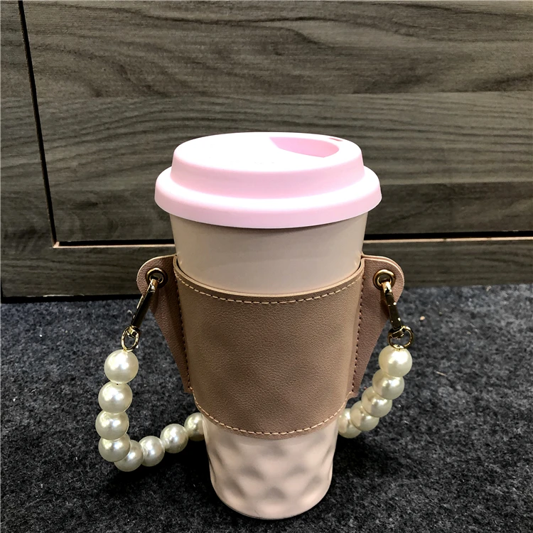 Wholesale porcelain double wall cup home drinkware ceramic coffee tea milk travel mugs with chain