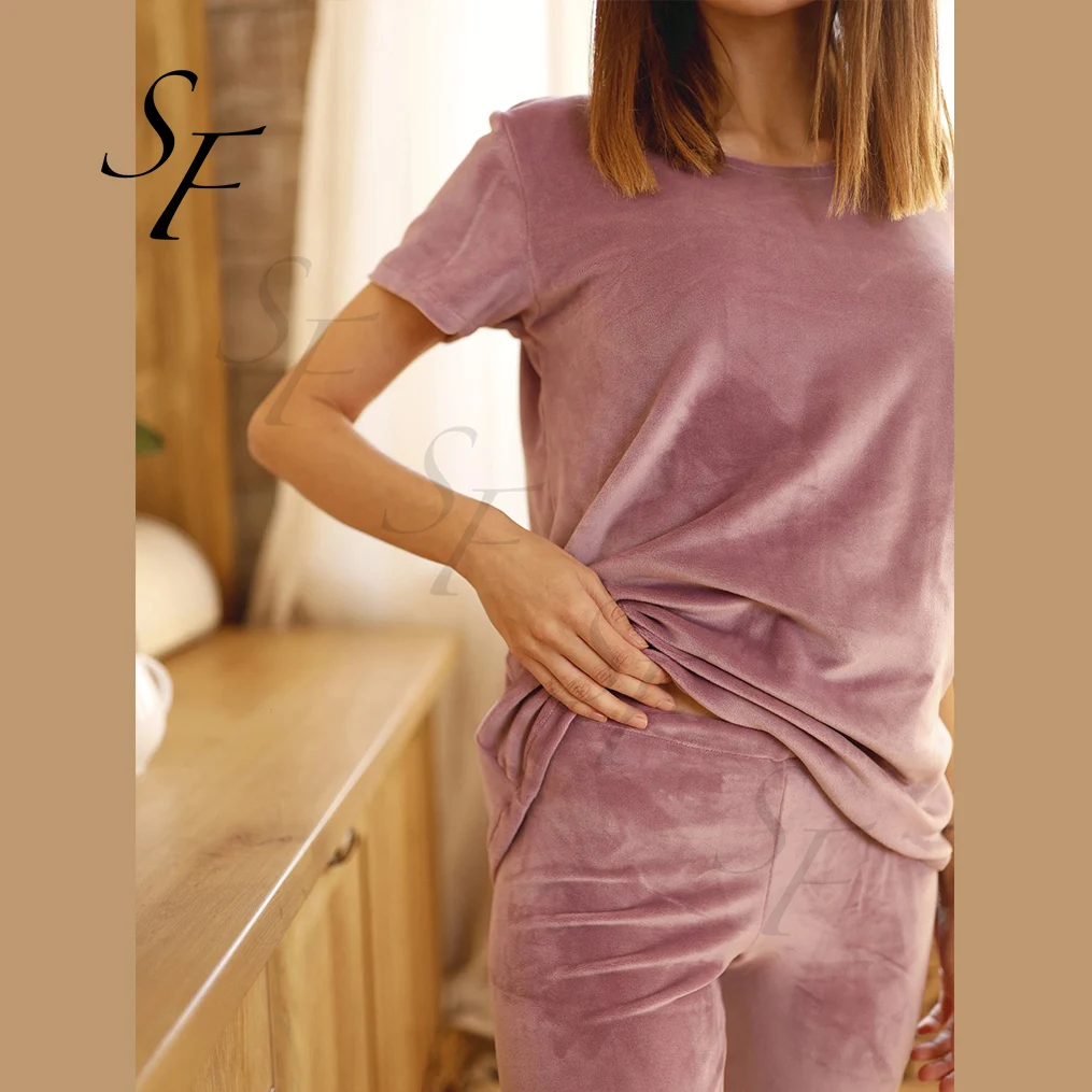 Custom Soft warm homewear Valentines Plush velvetLeggings and t-shirt velour pajamas for women