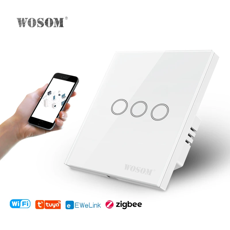 WOSOM Professional manufacturer TSW3-T Tuya 3Gang/1Way WIFI remote touch switch double gang smart switch zigbee