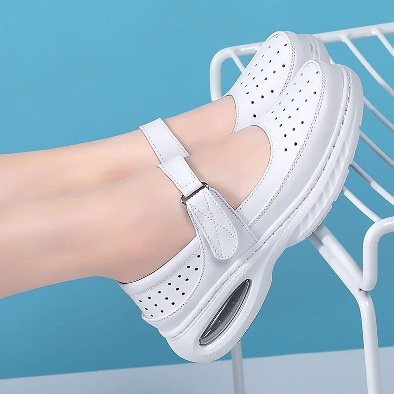 Thick Sole Nurse Shoes Genuine Leather Air Cushion Soft Insole Non-Slip Deodorizing Filter Thick Sole Nursing Shoes in Stock