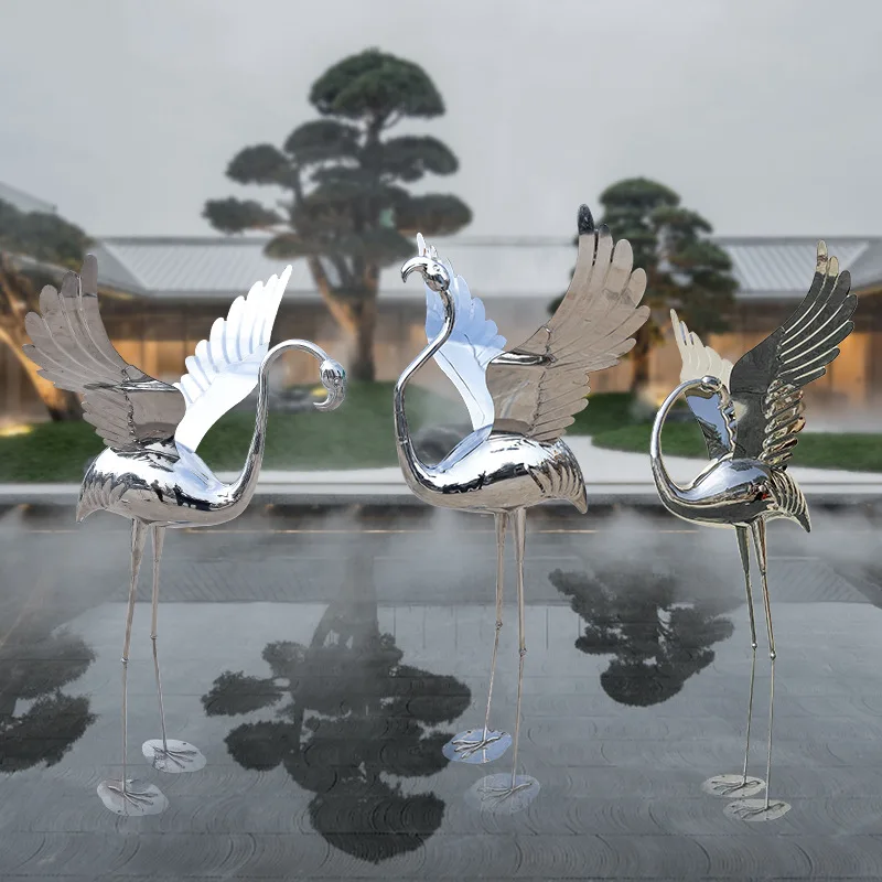Stainless Steel Crane Sculpture Metal Mirror Flamingo Ornaments Hotel Waterscape Landscaping Sales Department Lawn Ornaments