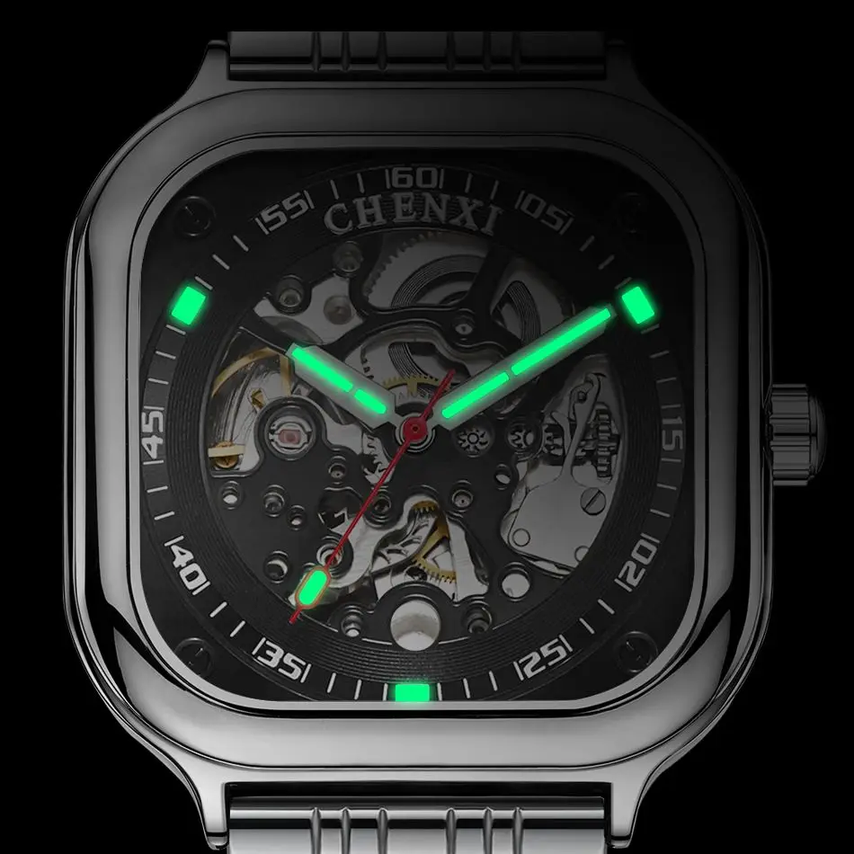 CHENXI 8810 Luxury Genuine Leather Square Skeleton Mechanical Watch Men Fashion Luminous Waterproof Fully Automatic Watches Mens