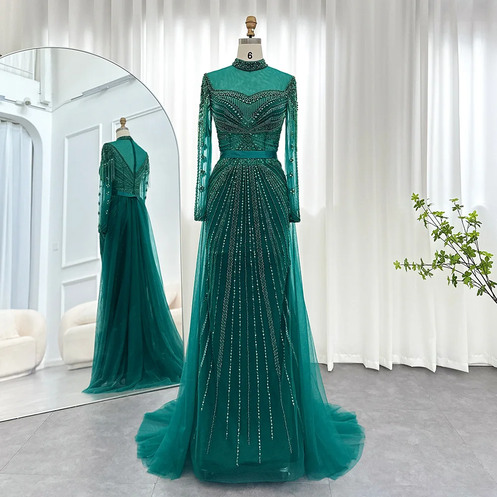 Scz008 Luxury Nude Tassel Mermaid Dubai Evening Dresses For Women Wedding Party 2023 Arabic Long Sleeve Formal Gowns