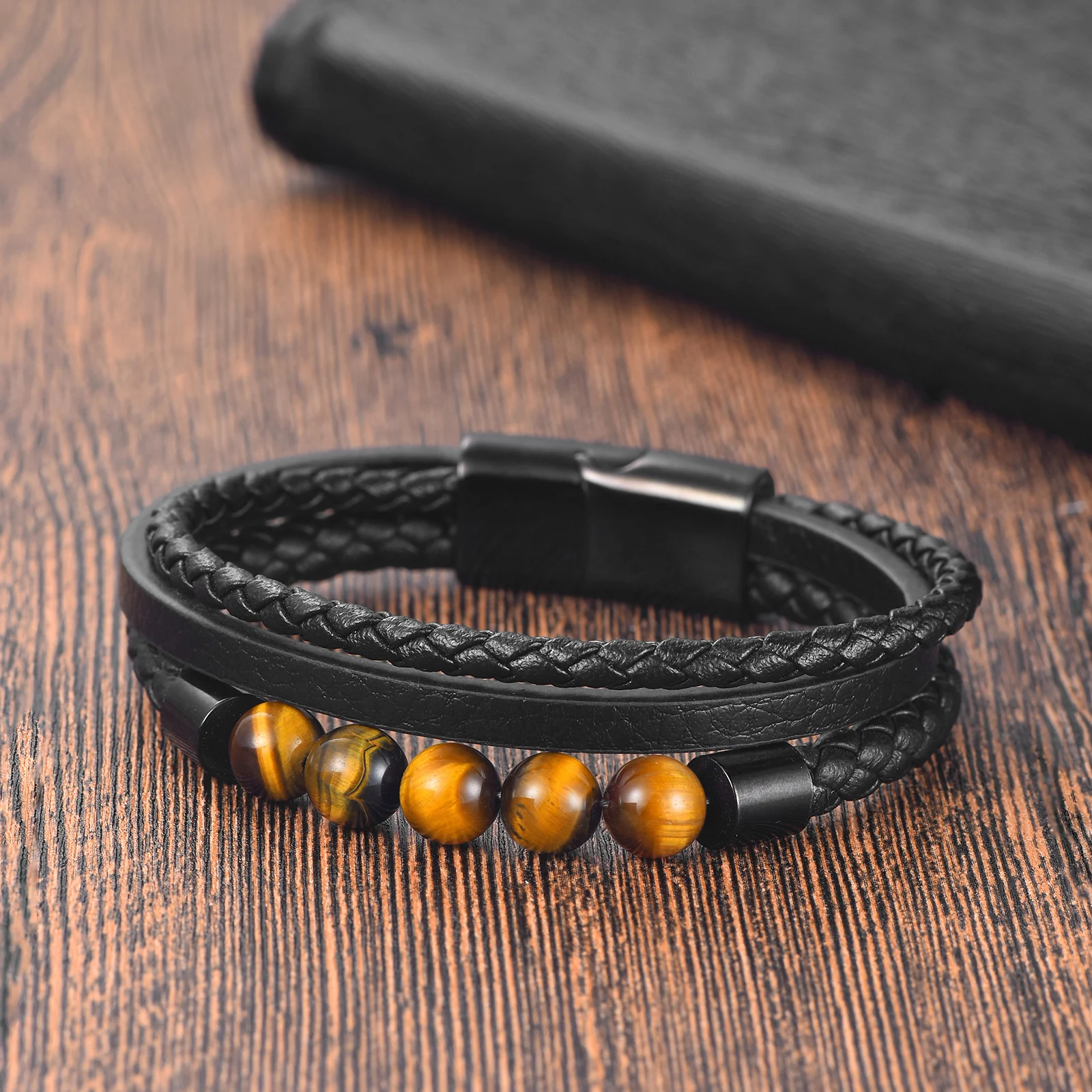 Punk Style 8mm Tiger Eye Stone Stainless Steel Magnetic Buckle Genuine Leather Rope Bracelet For Men Vintage Beaded Bracelet