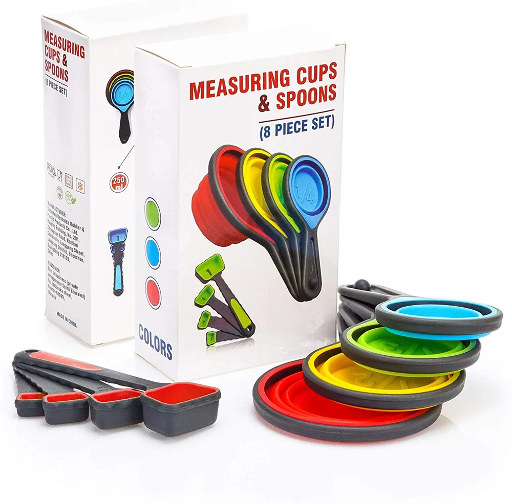 BPA Free Silicone Measuring Cups and Spoons Set Heat Resistant Foldable Engraved Metric Cups and Spoons Set