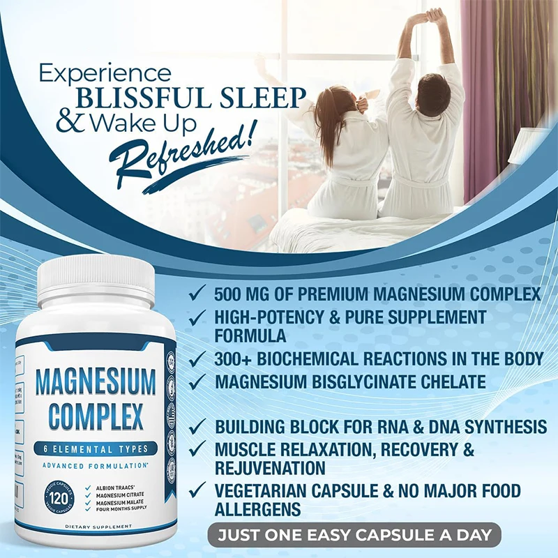 Magnesium Complex 500mg Citrate Malate Taurate Oxide   Bisglycinate Chelate Aspartate Magnesium Supplement for Women  Men