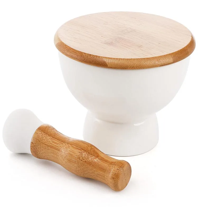 Mixing Grinding Bowl Non Slip Bamboo Tray Grinder Kitchen Cooking Tool Spice Herb Pesto Guacamole Ceramic Mortar And Pestle