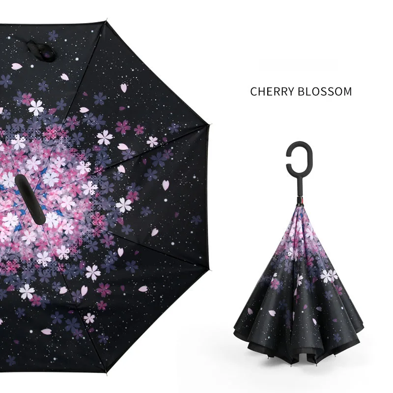 New Creative Custom Printing Hook C Handle Reverse Umbrella Self-standing Double Layer Magic Windproof Car Inverted Umbrella