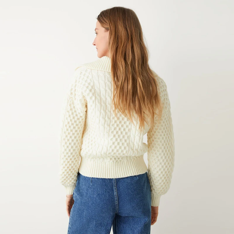 New Fashion Custom Ribbed Collar Cable Knit Sweater With Cuffs And Hem Merino Wool Polo Sweater With A Cable Knit