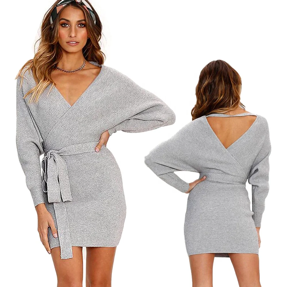 
New style deep V-neck plain loose knit sweater sexy dress and belt for dress women elegant knit sweater 