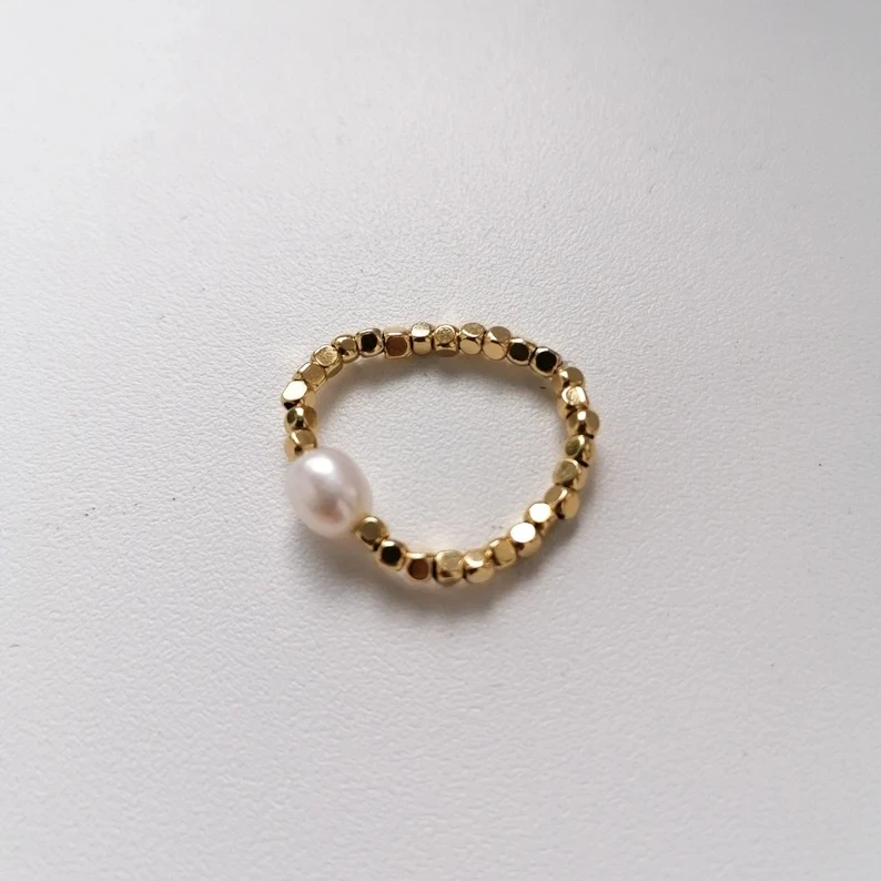 Pearl beaded ring gold elastic freshwater pearl stacking ring simple custom beads ring handmade jewelry