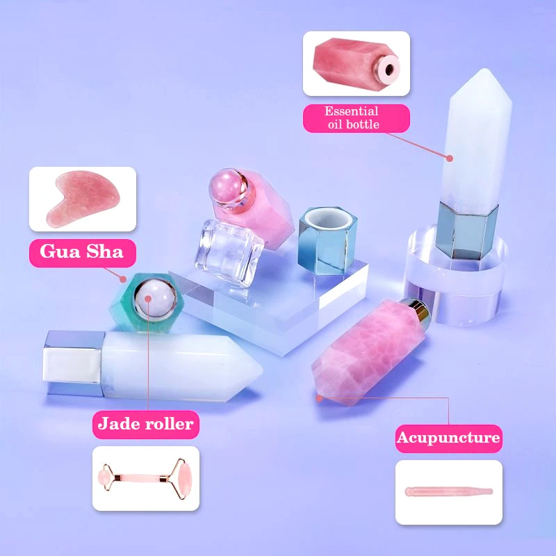 4 in 1 10ml crystal gemstone jade roller massager oil roller bottle, roller bottle for essential oil, crystal roller bottle