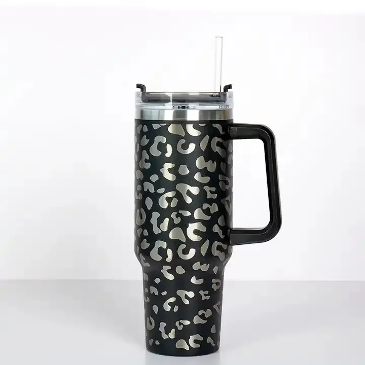 Stainless Steel Vacuum Insulated Travel Mug Leopard Cup 40oz Tumbler With Handle Lids And Straw