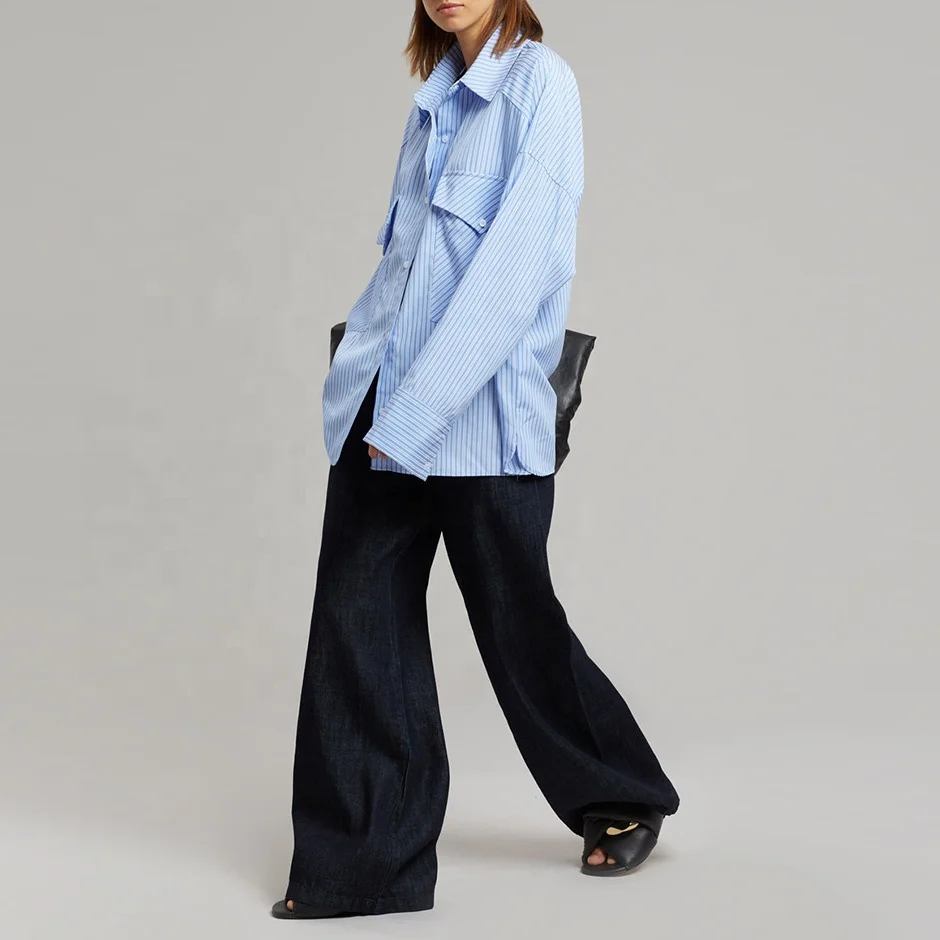 Oversized Stripes 100% Cotton Women Summer OfficIal Long Blouse Shirt Women Tops And Blouses