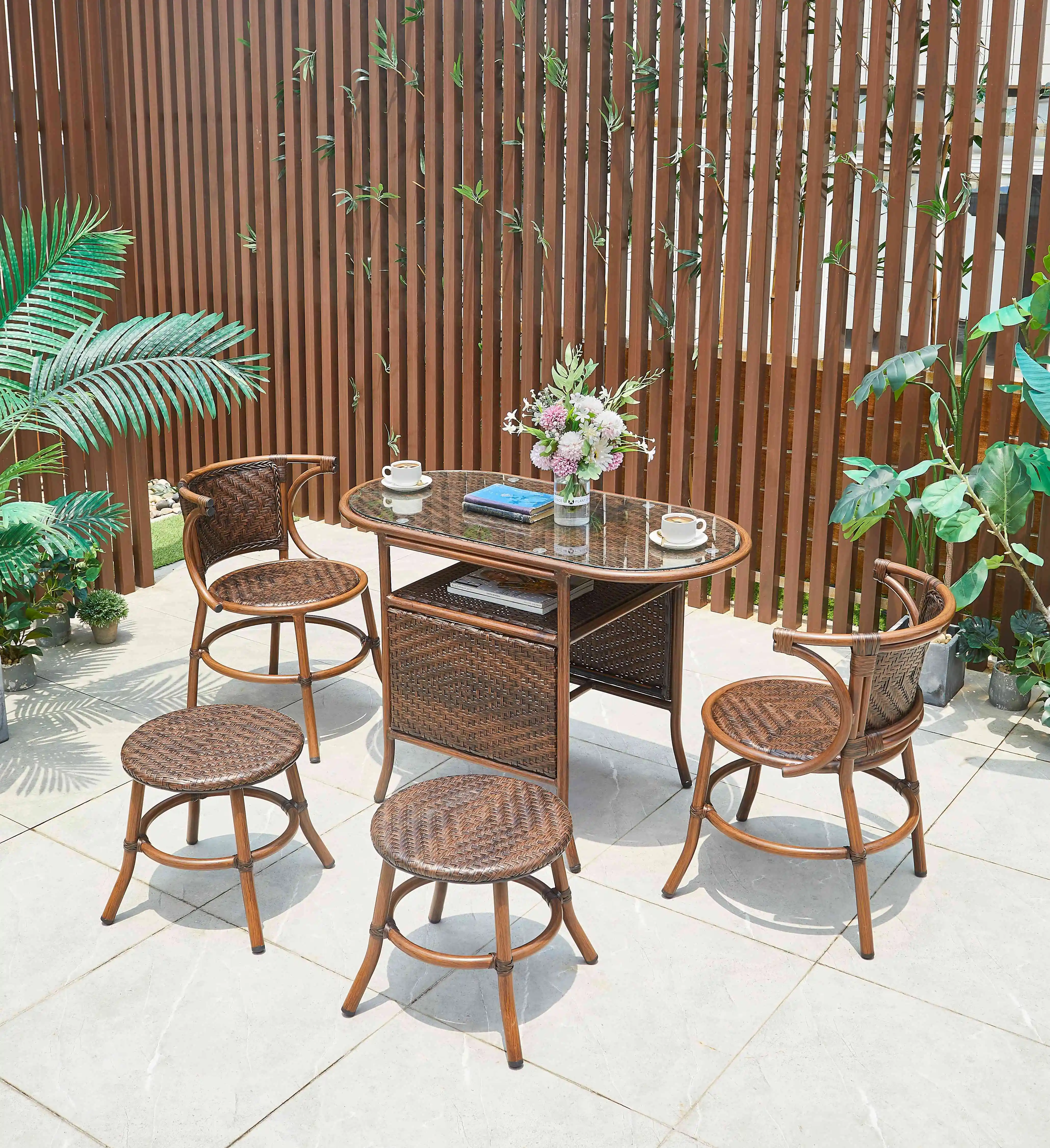 Aluminum frame tempered glass table top rattan table outdoor furniture table and chair set