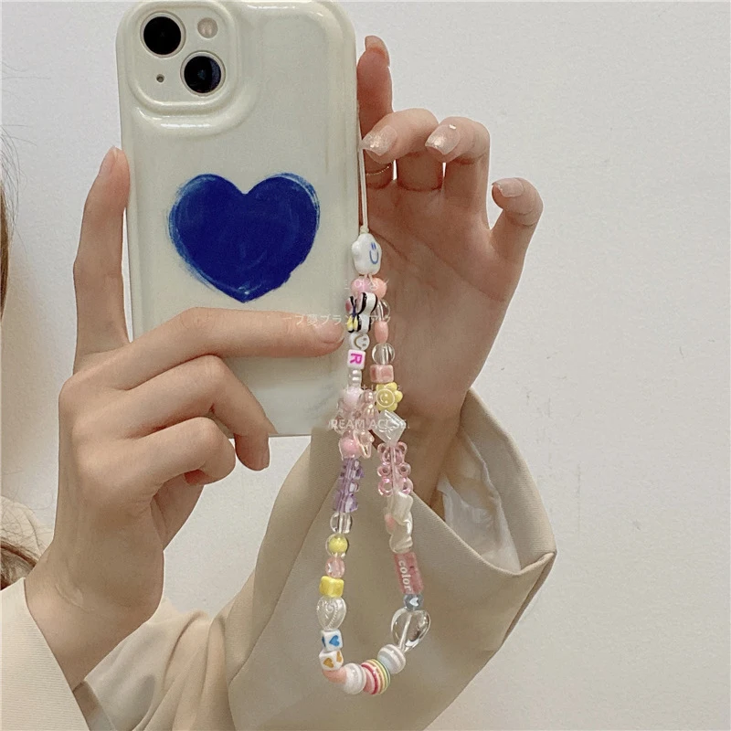 Heart Butterfly Mobile Phone Charm Chain Strap For Women Girl Pearl Beads Telephone Case Jewelry Anti-lost Rope Accessories