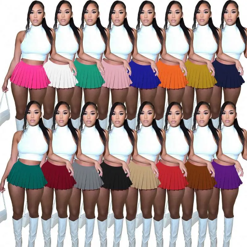 Women Clothing Fashion Dress High Waist Pleated Skirt Candy Colors Mini A-line Stitching Tennis Hem Girls Dance Skirts For Women