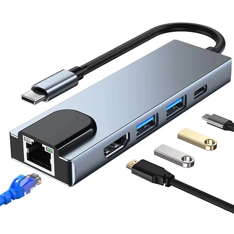 5-в-1 концентратор USB c с USB-адаптером RJ45 Ethernet HDMI USB 3,0 портами и доставкой питания type-C для ноутбуков, планшетов и смартфонов
