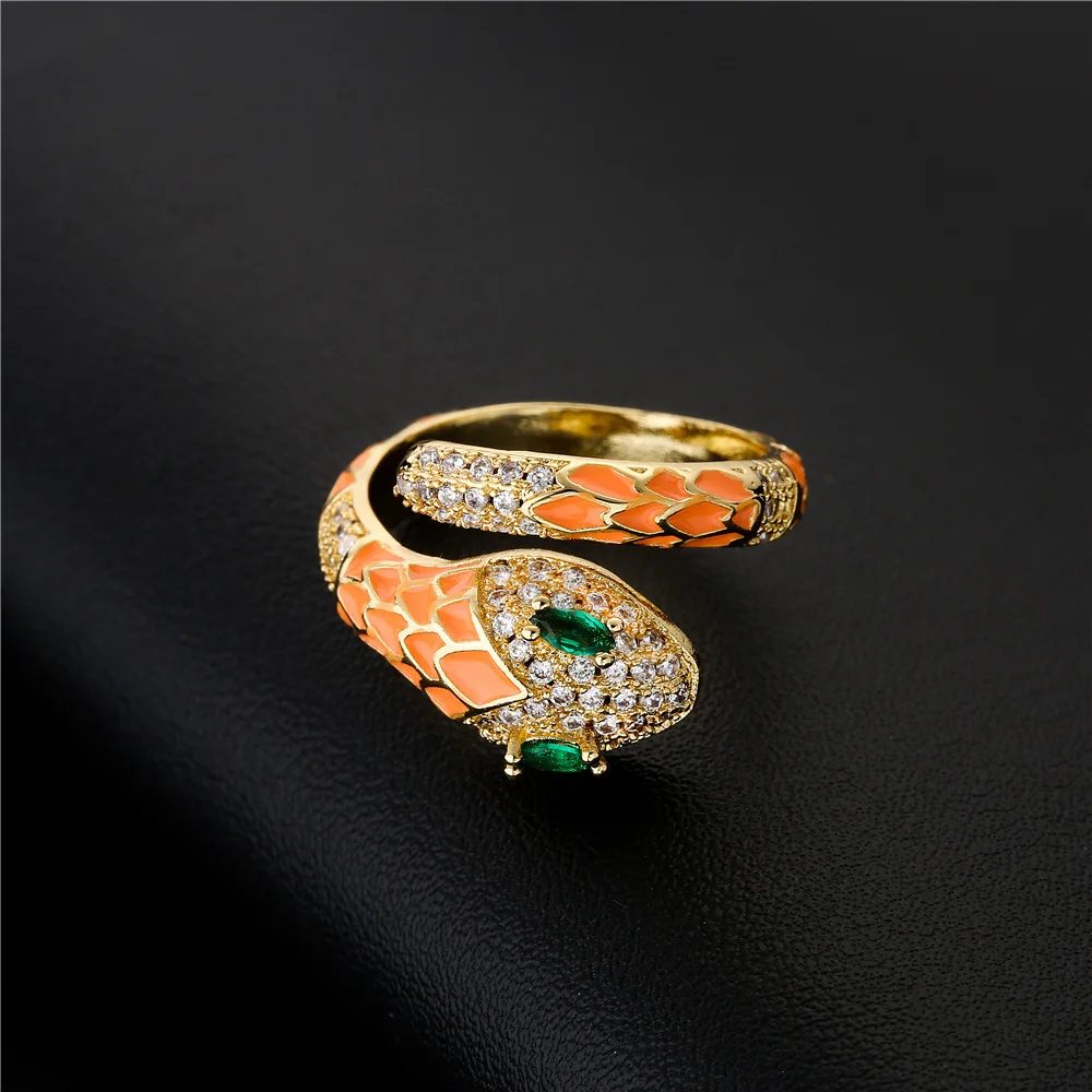 Hot Style Adjustable Brass Micro Pave Cubic Zirconia Enamel Snake Ring For Women