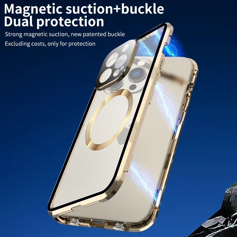 Чехол из закаленного стекла с магнитной 360 для iPhone 15 14 13 12 Pro Max Plus металлической защелкой