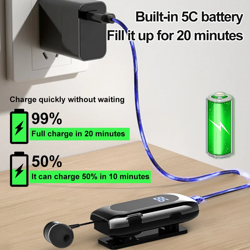 Lavalier Stereo Wireless Single Bluetooth Earphone Collar Headphones with LED Display Adjustable Cable for Sports and Drivers