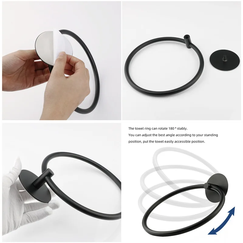 Hot sale convenient and useful stainless steel towel ring self adhesive wall mounted bathroom black towel rack