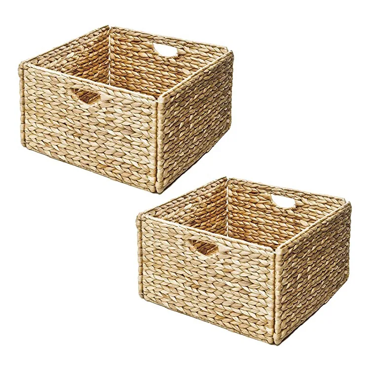 Handmade Foldable Woven Water Hyacinth Storage Basket Decorative Seagrass Wicker Shelf Basket With Handles