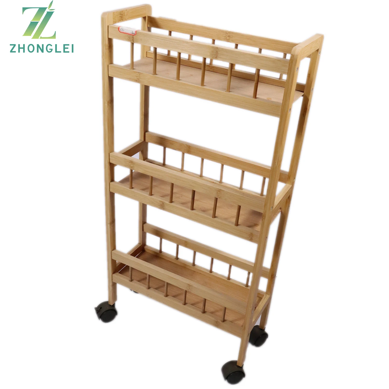 Eco-friendly Natural Bamboo Serving Rack Rolling Kitchen Trolley Cart Wood With 3 Shelves and Locking Wheels