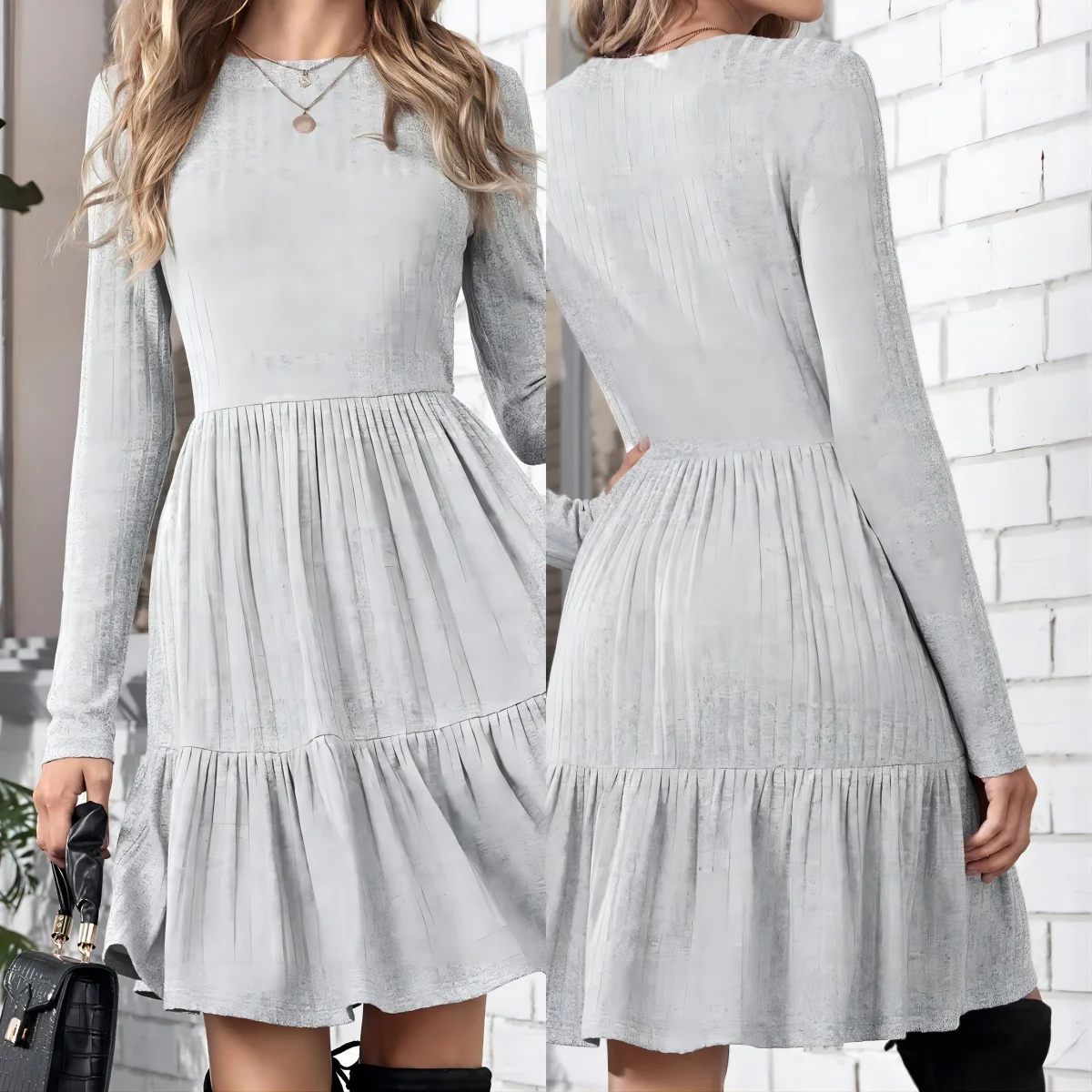 Autumn and Winter 2024 New Collection Waist Ruffle Leaf Swing Knit Sweatshirt Fluffy Fur Dress Bottom Dress