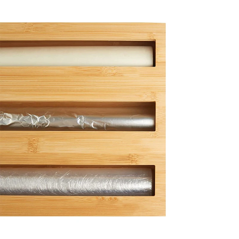 3 in 1 cling film Wrap Dispenser with Cutter Bamboo Foil Wax Paper Organizer and Dispenser for Kitchen Drawer