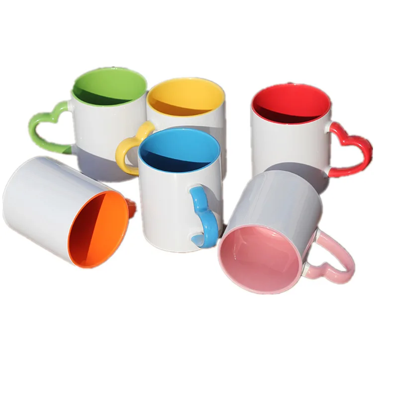 China Heat Transfer Blank Inner Color Coating Coffee Travel Sublimation Custom Ceramic Mug With Heart Handle