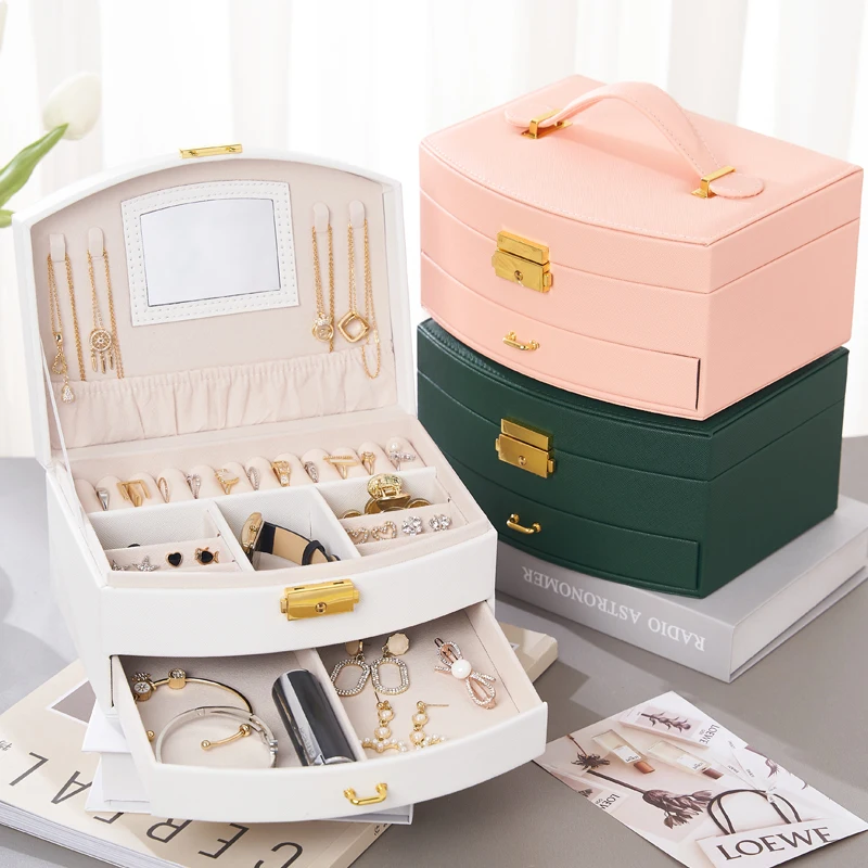Wholesale Gift Earring Watch Packaging Drawer Lock Mirrored Jewellery Organizer Display Case Pu Leather Jewelry Storage Box