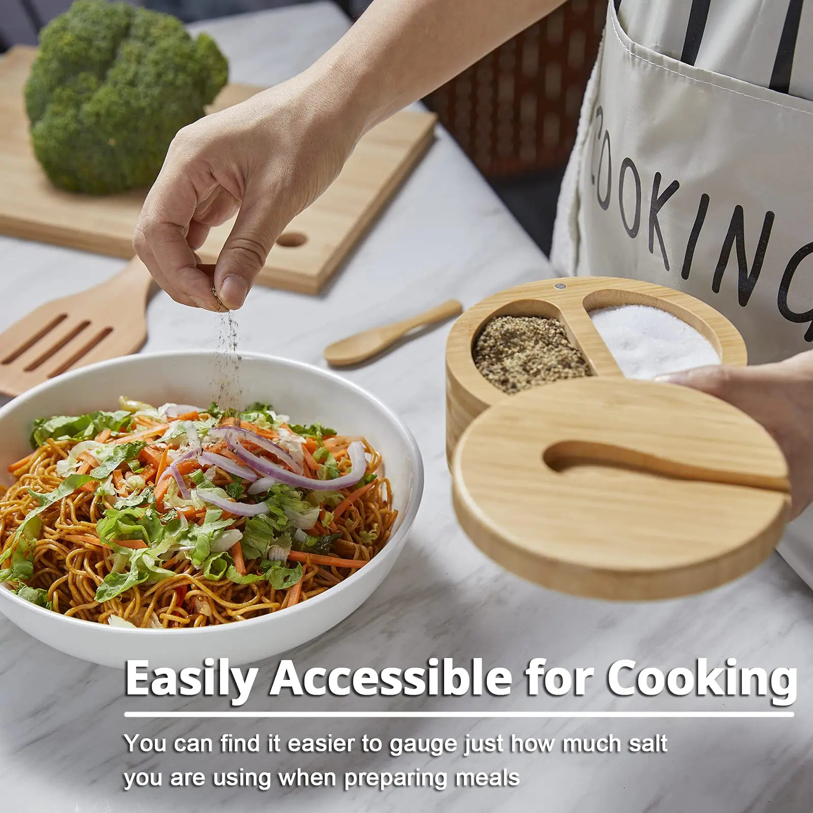 Большая миска для соли и перца с 2 отделениями коробка бамбуковый контейнер поворотной крышкой ложкой