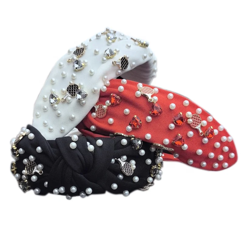 Customized Table Tennis Ball Knotted Headband With Rhinestone Pearls Luxury Women Headbands Party Hair Decoration