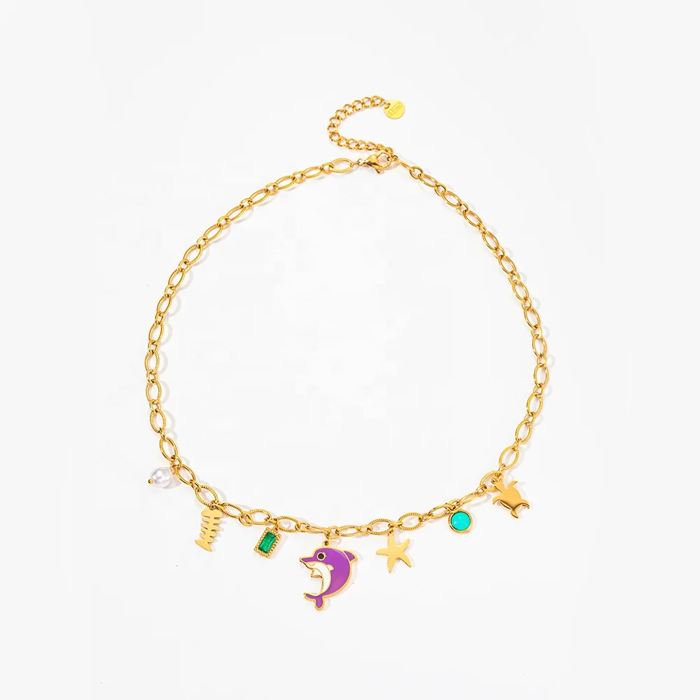 INS Summer Beach Jewelry Stainless Steel Ocean Star/Dolphin/Freshwater Pearl/Sea Turtle Pendant Clavicle Chain Necklace