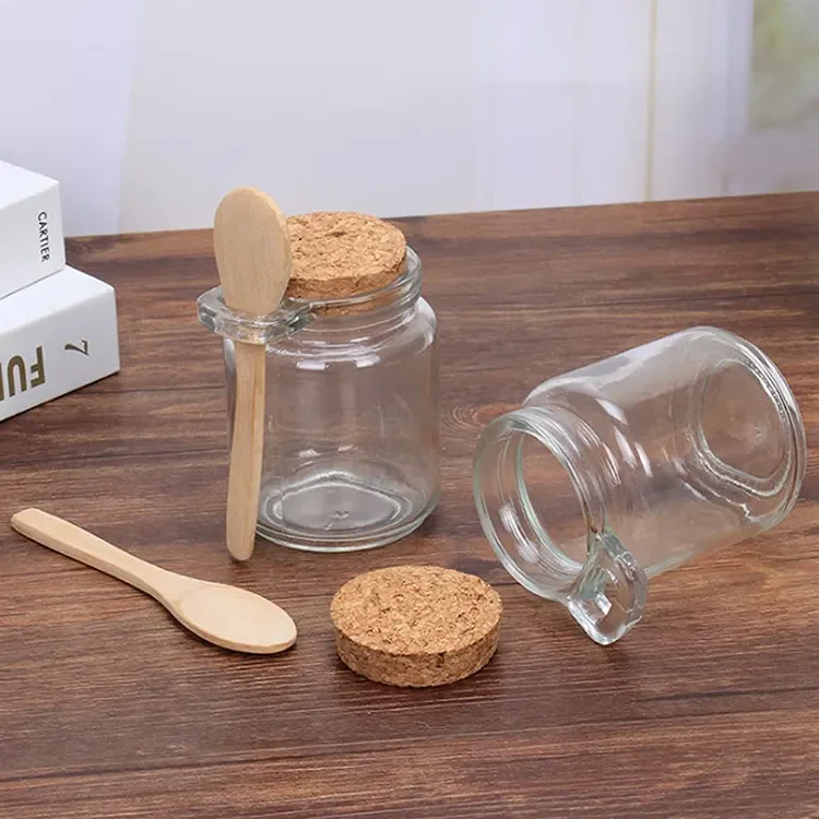 Stocked 250ml Clear Round Bath Salt Glass Bottle Jar With Cork Lid and Spoon