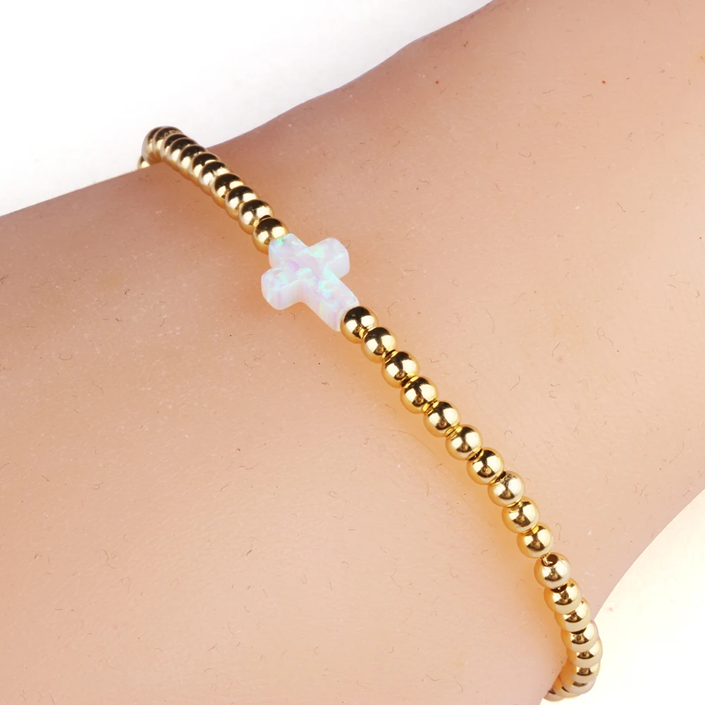 Hot Selling White Cross Charm Bracelet Gold Beads Synthetic Opal Jewelry 925 Sterling Silver Bead Bracelet