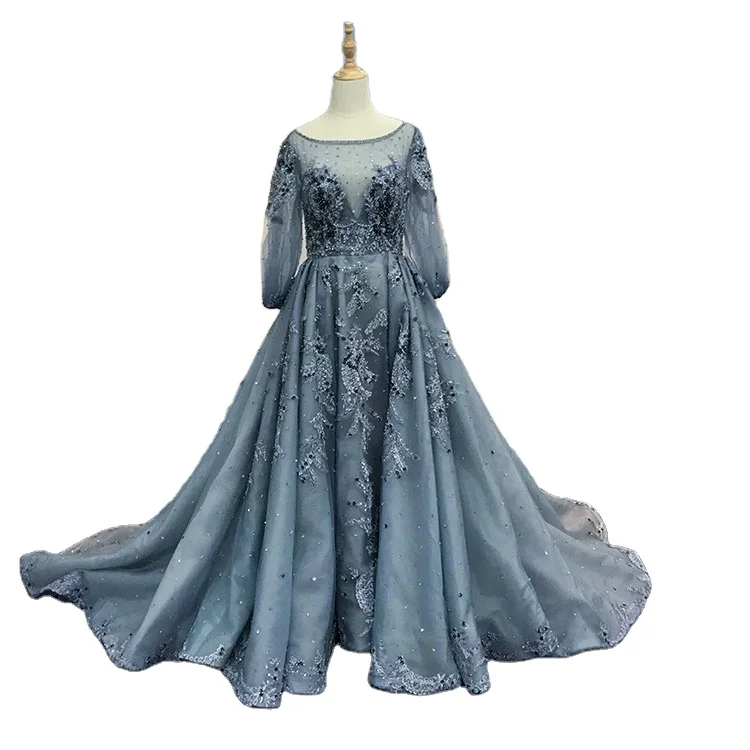 New style blue long tulle tail printed dazzling evening dress lace