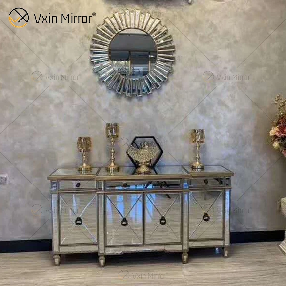 WXF-027-1 Champagne silver Home Decor Mirored Cupboard Cabinet  With Muti Drawers