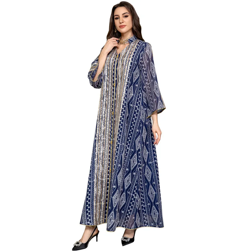 Sequins Embroidered Middle East Evening Dress for Women Turkey V Neck Gauze Mesh Jalabiya Muslim Islamic Ethnic Abaya Eid AB355